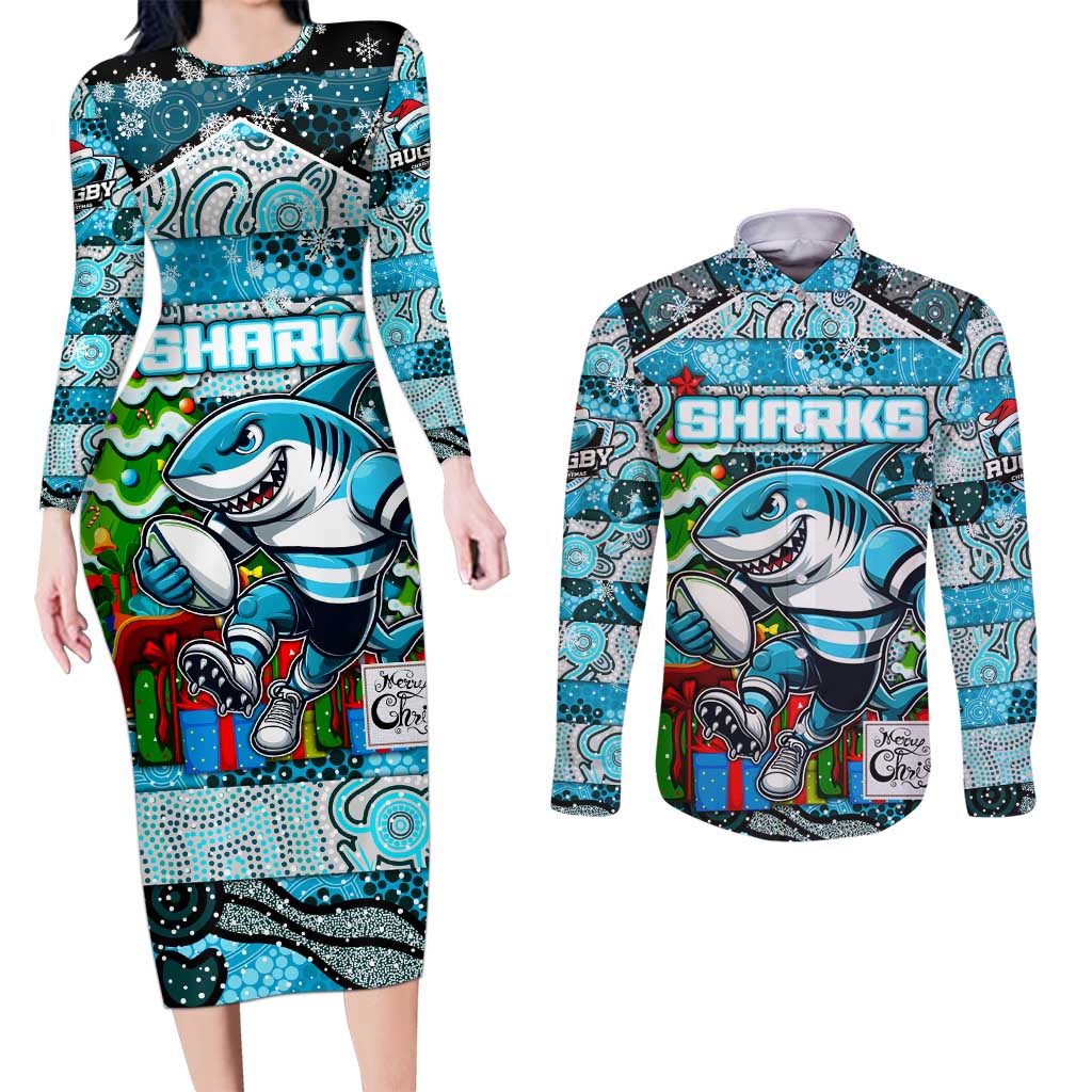 Custom Sharks Rugby Merry Christmas Couples Matching Long Sleeve Bodycon Dress and Long Sleeve Button Shirt Indigenous Australian Art