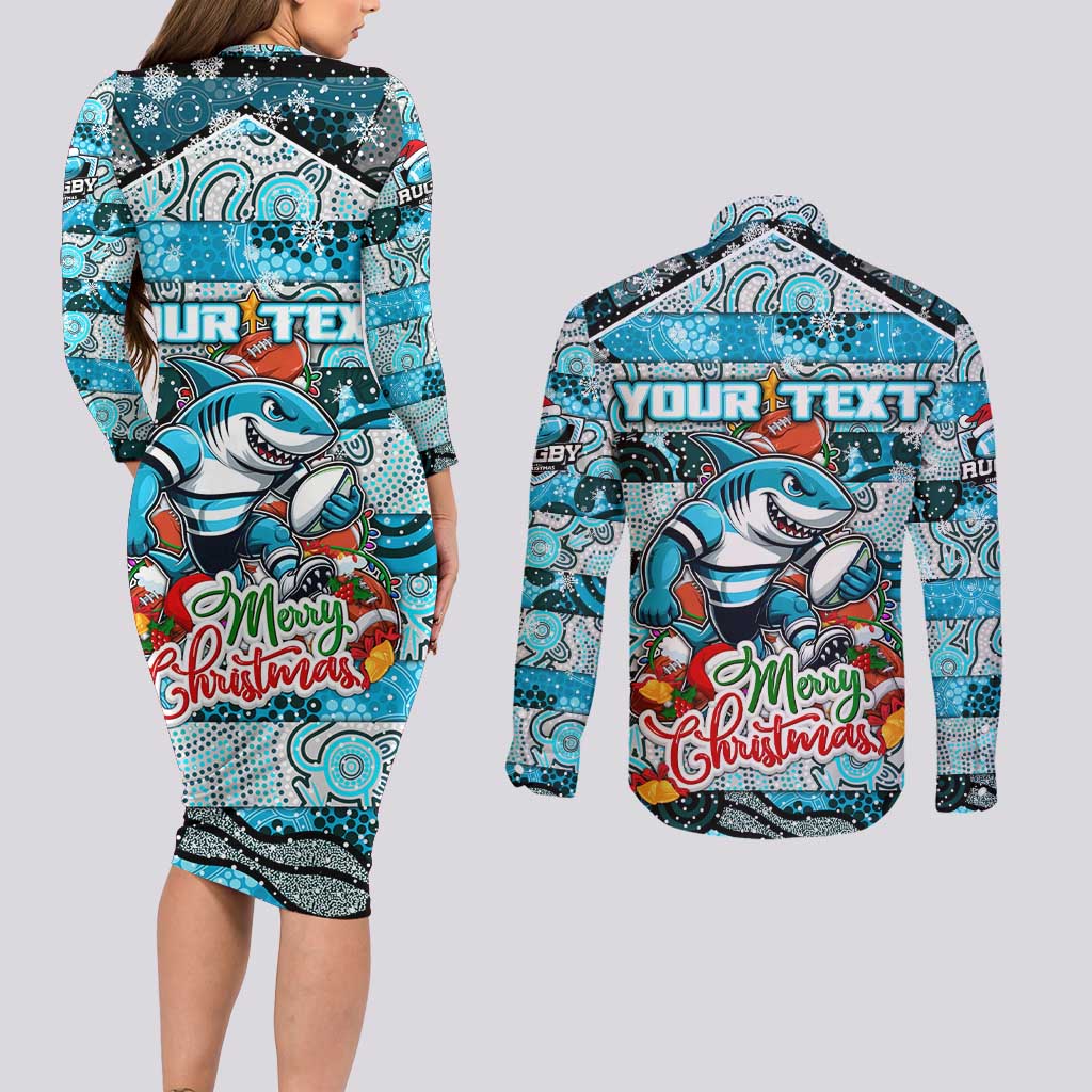 Custom Sharks Rugby Merry Christmas Couples Matching Long Sleeve Bodycon Dress and Long Sleeve Button Shirt Indigenous Australian Art