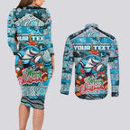 Custom Sharks Rugby Merry Christmas Couples Matching Long Sleeve Bodycon Dress and Long Sleeve Button Shirt Indigenous Australian Art