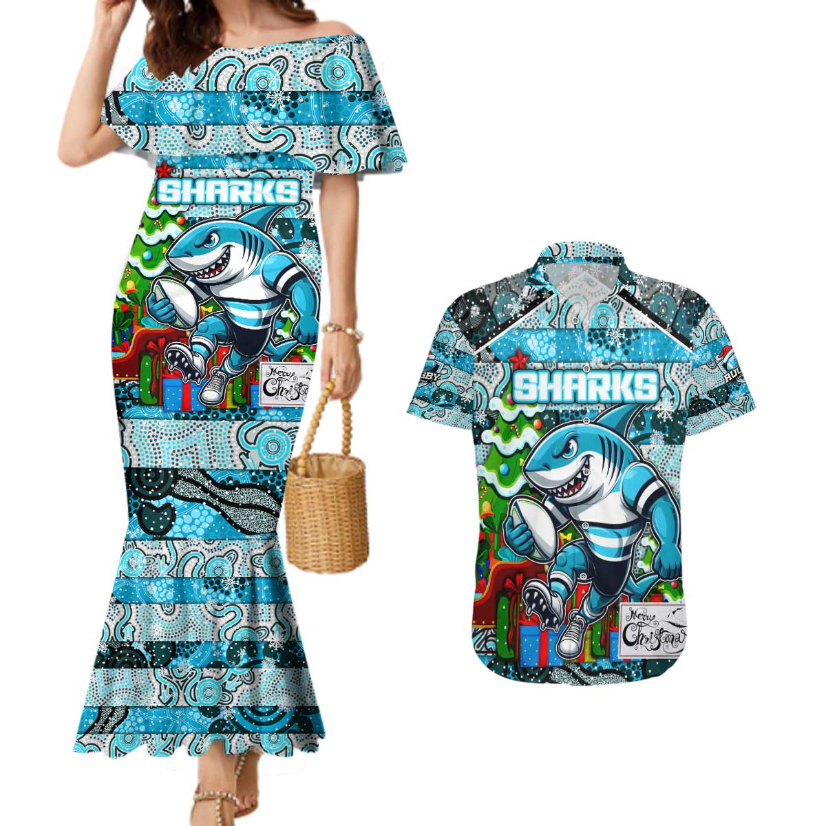Custom Sharks Rugby Merry Christmas Couples Matching Mermaid Dress and Hawaiian Shirt Indigenous Australian Art