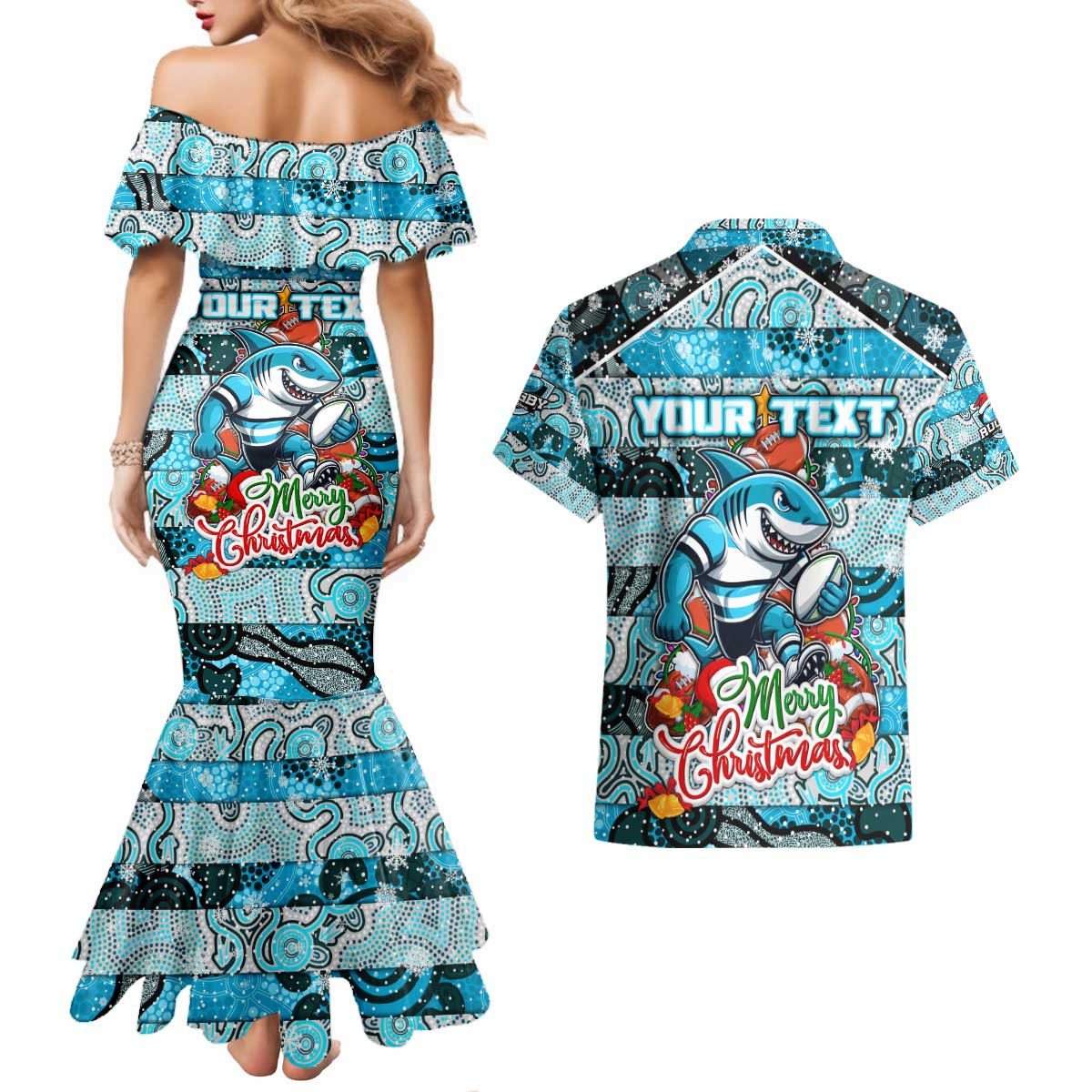 Custom Sharks Rugby Merry Christmas Couples Matching Mermaid Dress and Hawaiian Shirt Indigenous Australian Art