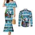 Custom Sharks Rugby Merry Christmas Couples Matching Mermaid Dress and Long Sleeve Button Shirt Indigenous Australian Art
