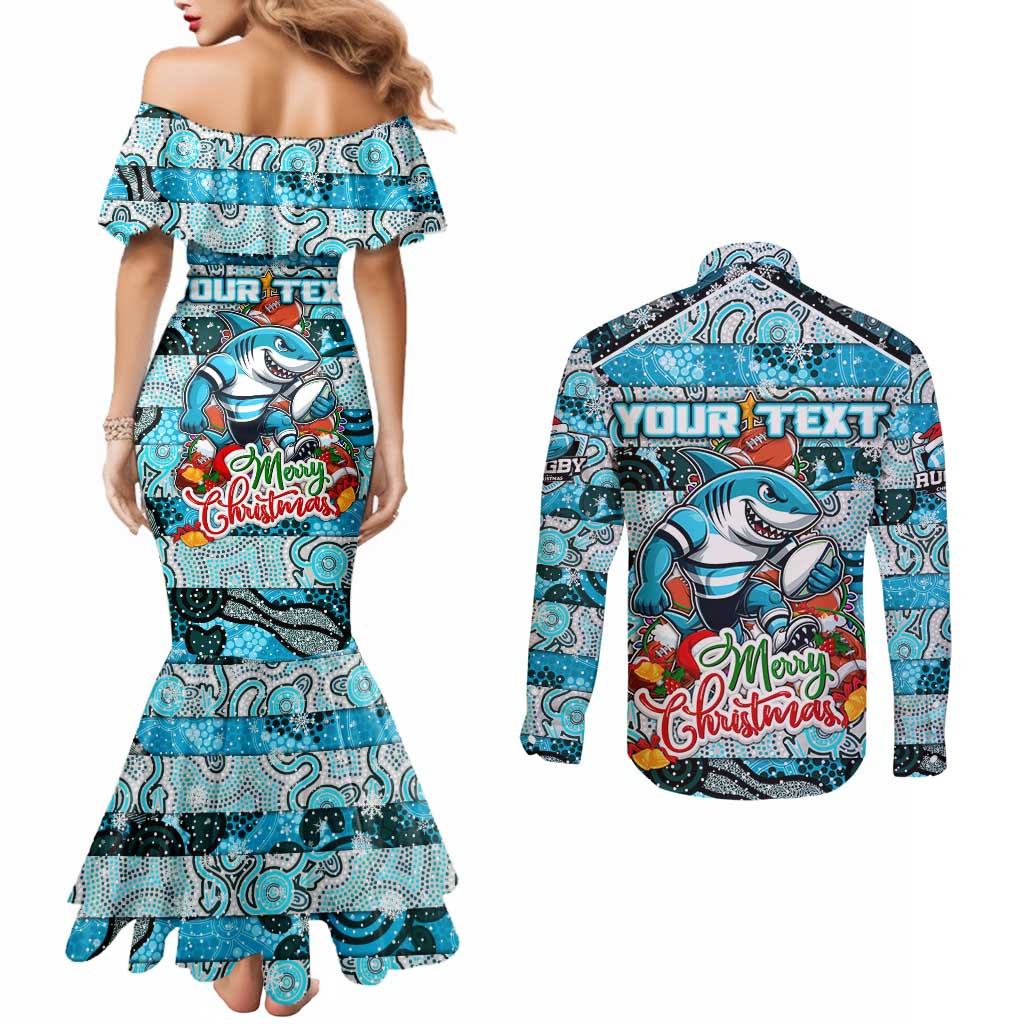 Custom Sharks Rugby Merry Christmas Couples Matching Mermaid Dress and Long Sleeve Button Shirt Indigenous Australian Art