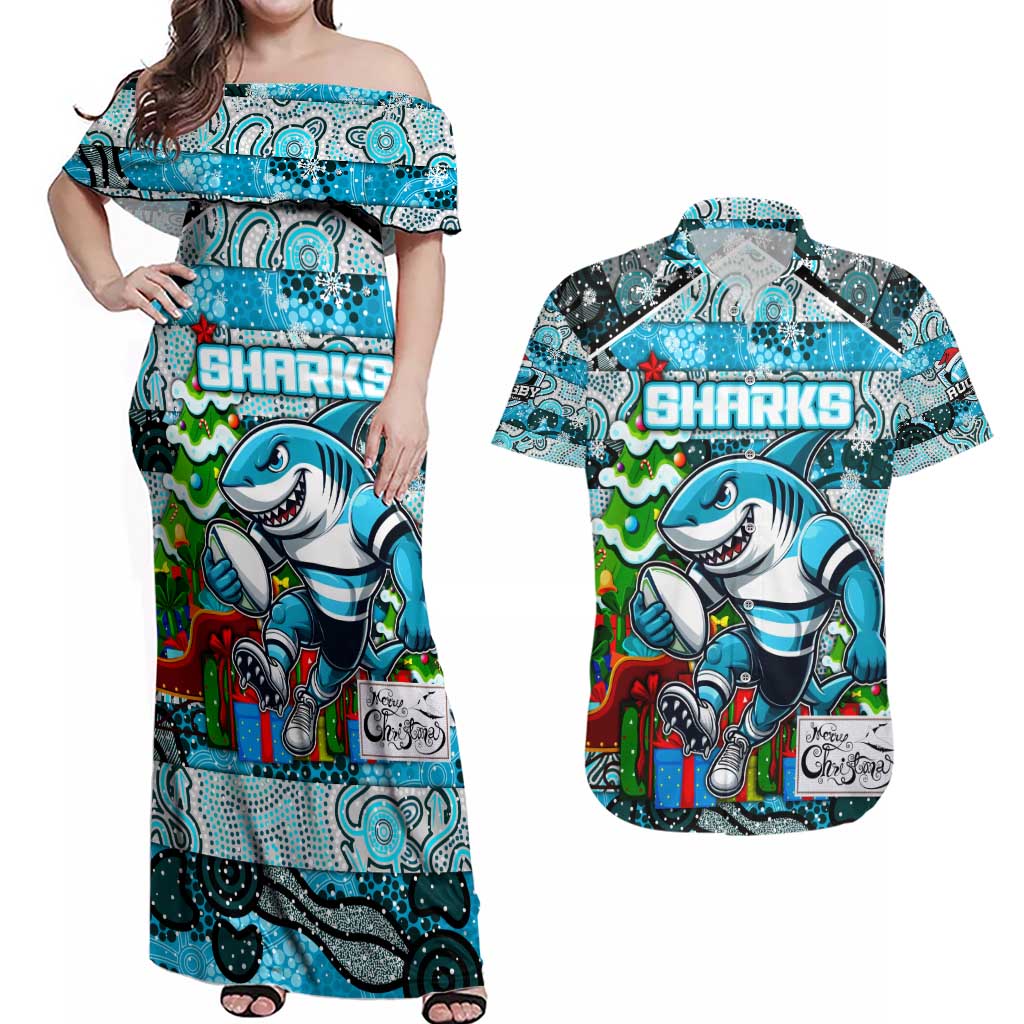 Custom Sharks Rugby Merry Christmas Couples Matching Off Shoulder Maxi Dress and Hawaiian Shirt Indigenous Australian Art