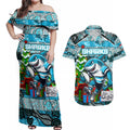 Custom Sharks Rugby Merry Christmas Couples Matching Off Shoulder Maxi Dress and Hawaiian Shirt Indigenous Australian Art