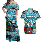 Custom Sharks Rugby Merry Christmas Couples Matching Off Shoulder Maxi Dress and Hawaiian Shirt Indigenous Australian Art