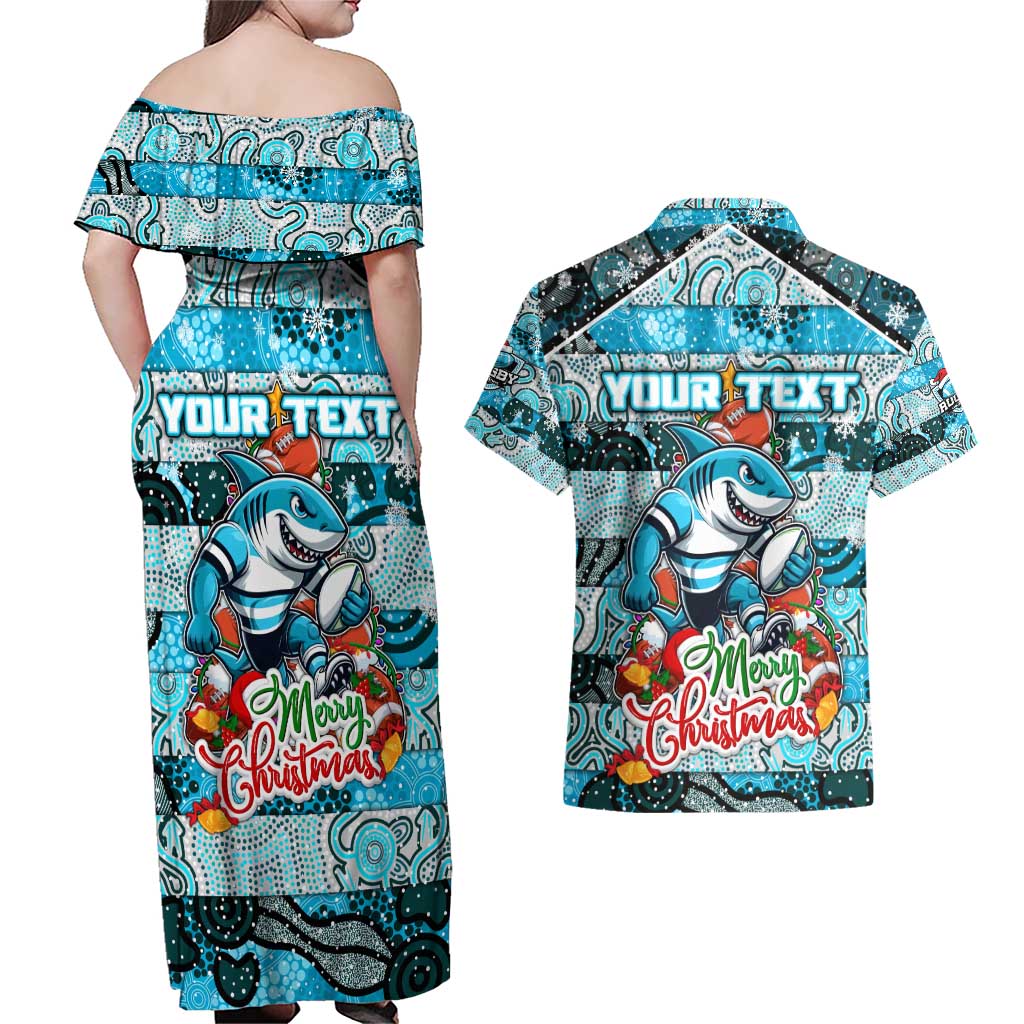 Custom Sharks Rugby Merry Christmas Couples Matching Off Shoulder Maxi Dress and Hawaiian Shirt Indigenous Australian Art