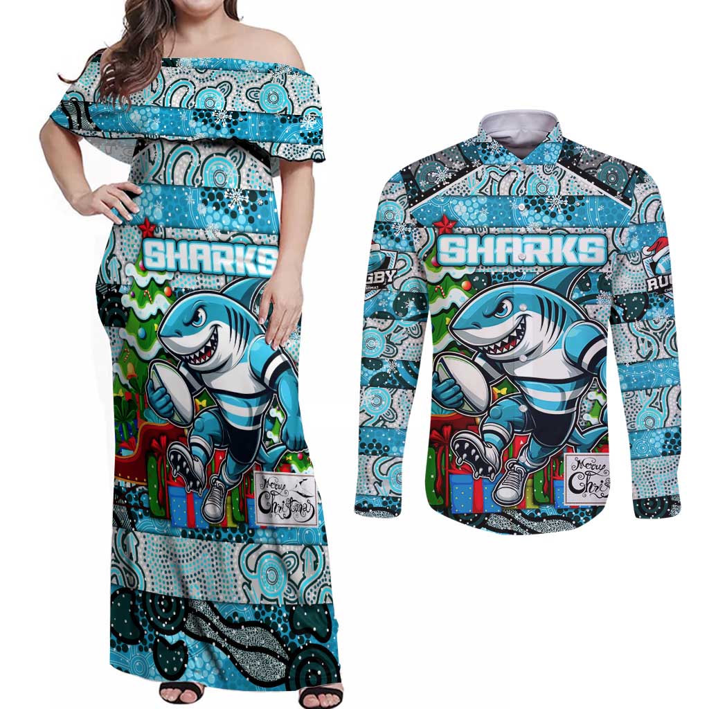 Custom Sharks Rugby Merry Christmas Couples Matching Off Shoulder Maxi Dress and Long Sleeve Button Shirt Indigenous Australian Art
