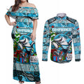 Custom Sharks Rugby Merry Christmas Couples Matching Off Shoulder Maxi Dress and Long Sleeve Button Shirt Indigenous Australian Art