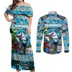 Custom Sharks Rugby Merry Christmas Couples Matching Off Shoulder Maxi Dress and Long Sleeve Button Shirt Indigenous Australian Art