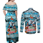 Custom Sharks Rugby Merry Christmas Couples Matching Off Shoulder Maxi Dress and Long Sleeve Button Shirt Indigenous Australian Art