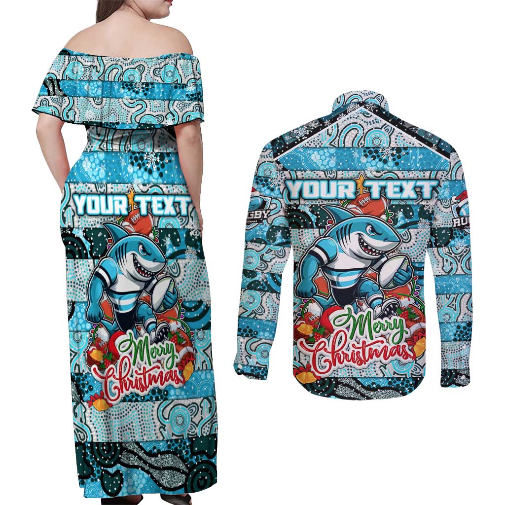 Custom Sharks Rugby Merry Christmas Couples Matching Off Shoulder Maxi Dress and Long Sleeve Button Shirt Indigenous Australian Art