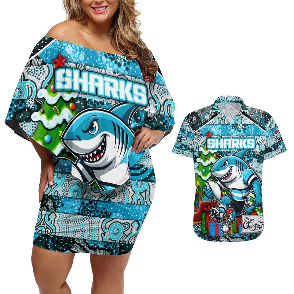 Custom Sharks Rugby Merry Christmas Couples Matching Off Shoulder Short Dress and Hawaiian Shirt Indigenous Australian Art