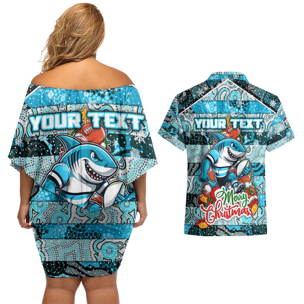 Custom Sharks Rugby Merry Christmas Couples Matching Off Shoulder Short Dress and Hawaiian Shirt Indigenous Australian Art