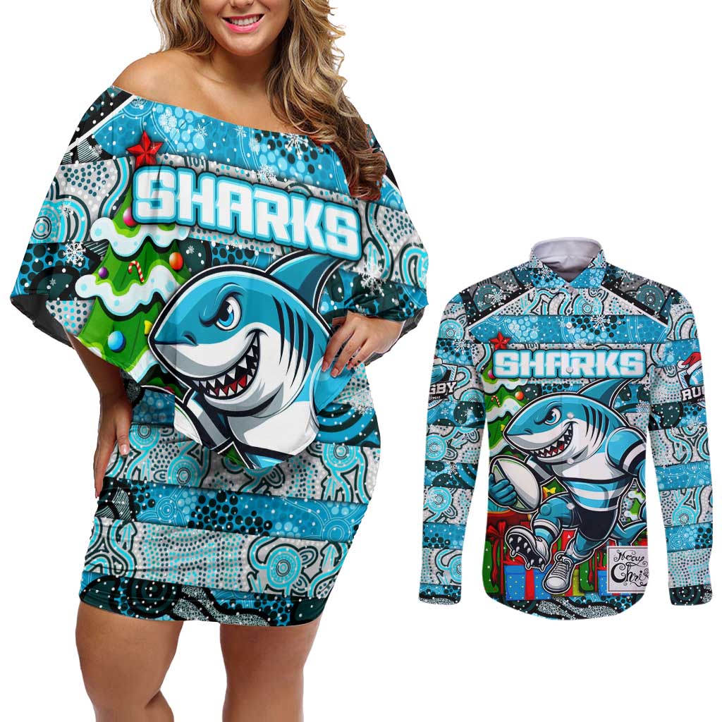 Custom Sharks Rugby Merry Christmas Couples Matching Off Shoulder Short Dress and Long Sleeve Button Shirt Indigenous Australian Art