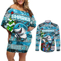 Custom Sharks Rugby Merry Christmas Couples Matching Off Shoulder Short Dress and Long Sleeve Button Shirt Indigenous Australian Art