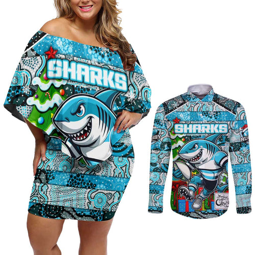 Custom Sharks Rugby Merry Christmas Couples Matching Off Shoulder Short Dress and Long Sleeve Button Shirt Indigenous Australian Art