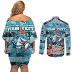 Custom Sharks Rugby Merry Christmas Couples Matching Off Shoulder Short Dress and Long Sleeve Button Shirt Indigenous Australian Art