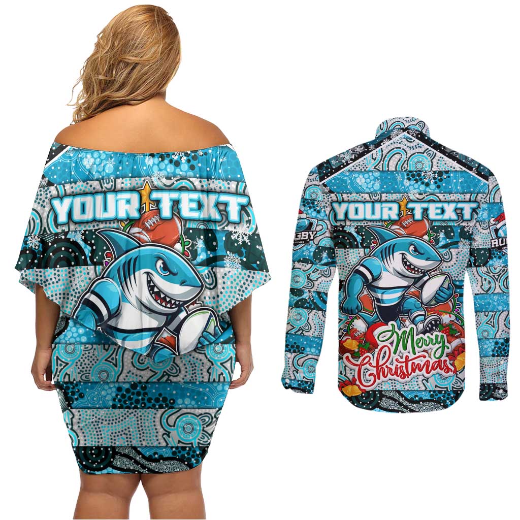 Custom Sharks Rugby Merry Christmas Couples Matching Off Shoulder Short Dress and Long Sleeve Button Shirt Indigenous Australian Art