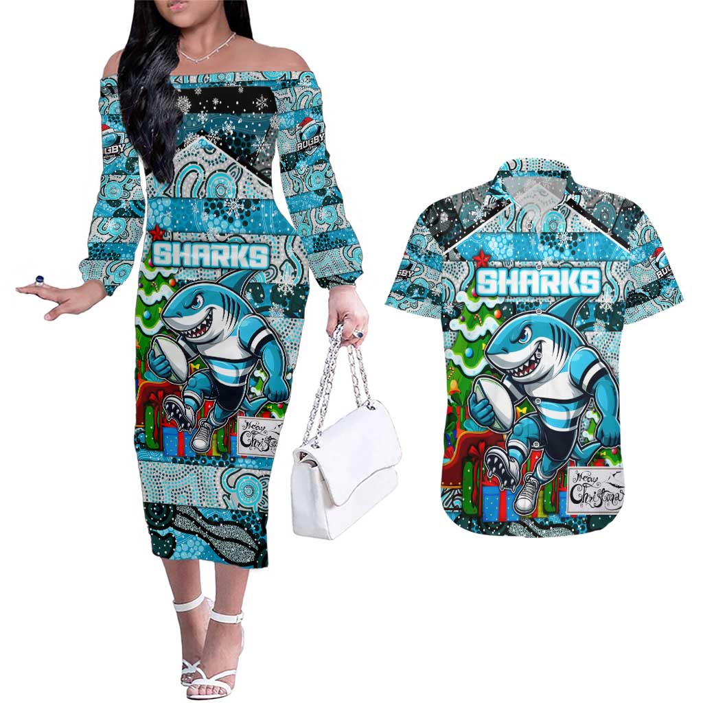 Custom Sharks Rugby Merry Christmas Couples Matching Off The Shoulder Long Sleeve Dress and Hawaiian Shirt Indigenous Australian Art