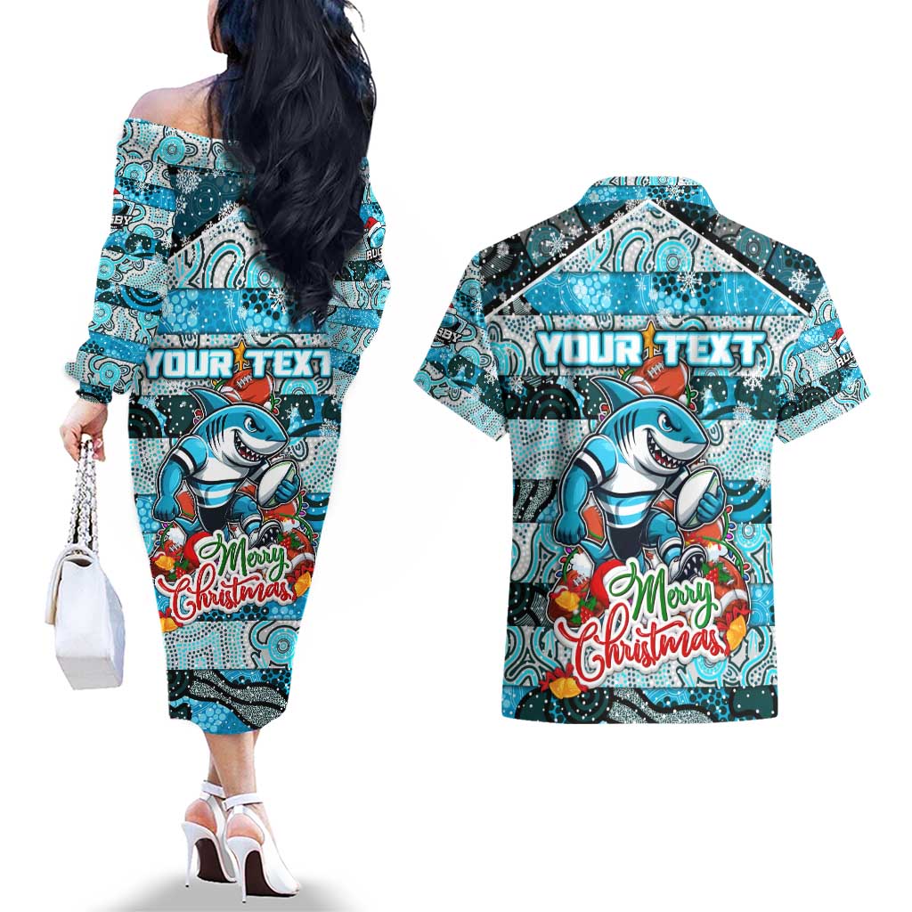 Custom Sharks Rugby Merry Christmas Couples Matching Off The Shoulder Long Sleeve Dress and Hawaiian Shirt Indigenous Australian Art