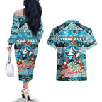 Custom Sharks Rugby Merry Christmas Couples Matching Off The Shoulder Long Sleeve Dress and Hawaiian Shirt Indigenous Australian Art
