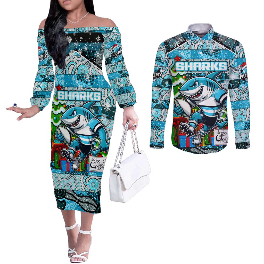 Custom Sharks Rugby Merry Christmas Couples Matching Off The Shoulder Long Sleeve Dress and Long Sleeve Button Shirt Indigenous Australian Art