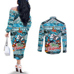 Custom Sharks Rugby Merry Christmas Couples Matching Off The Shoulder Long Sleeve Dress and Long Sleeve Button Shirt Indigenous Australian Art