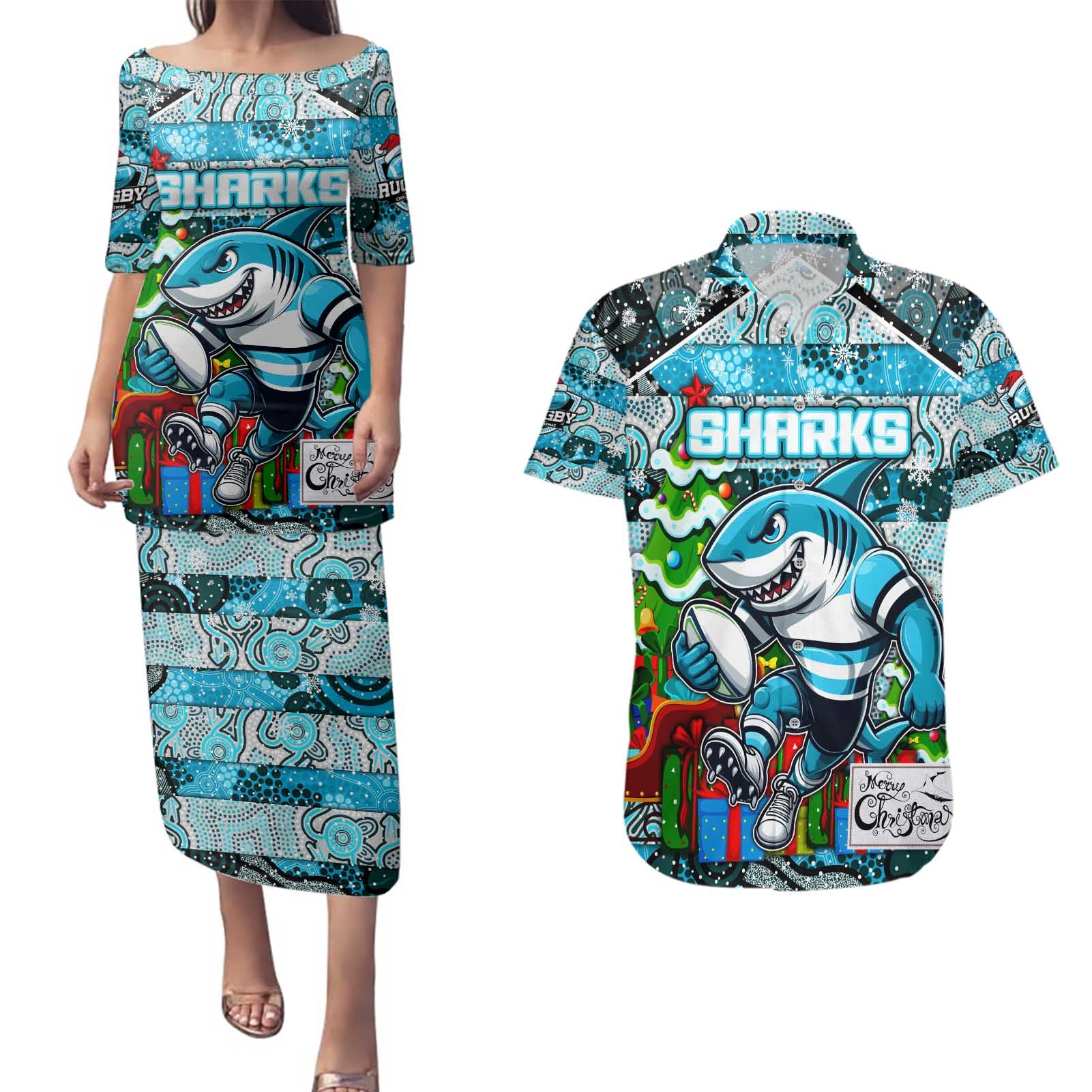 Custom Sharks Rugby Merry Christmas Couples Matching Puletasi and Hawaiian Shirt Indigenous Australian Art