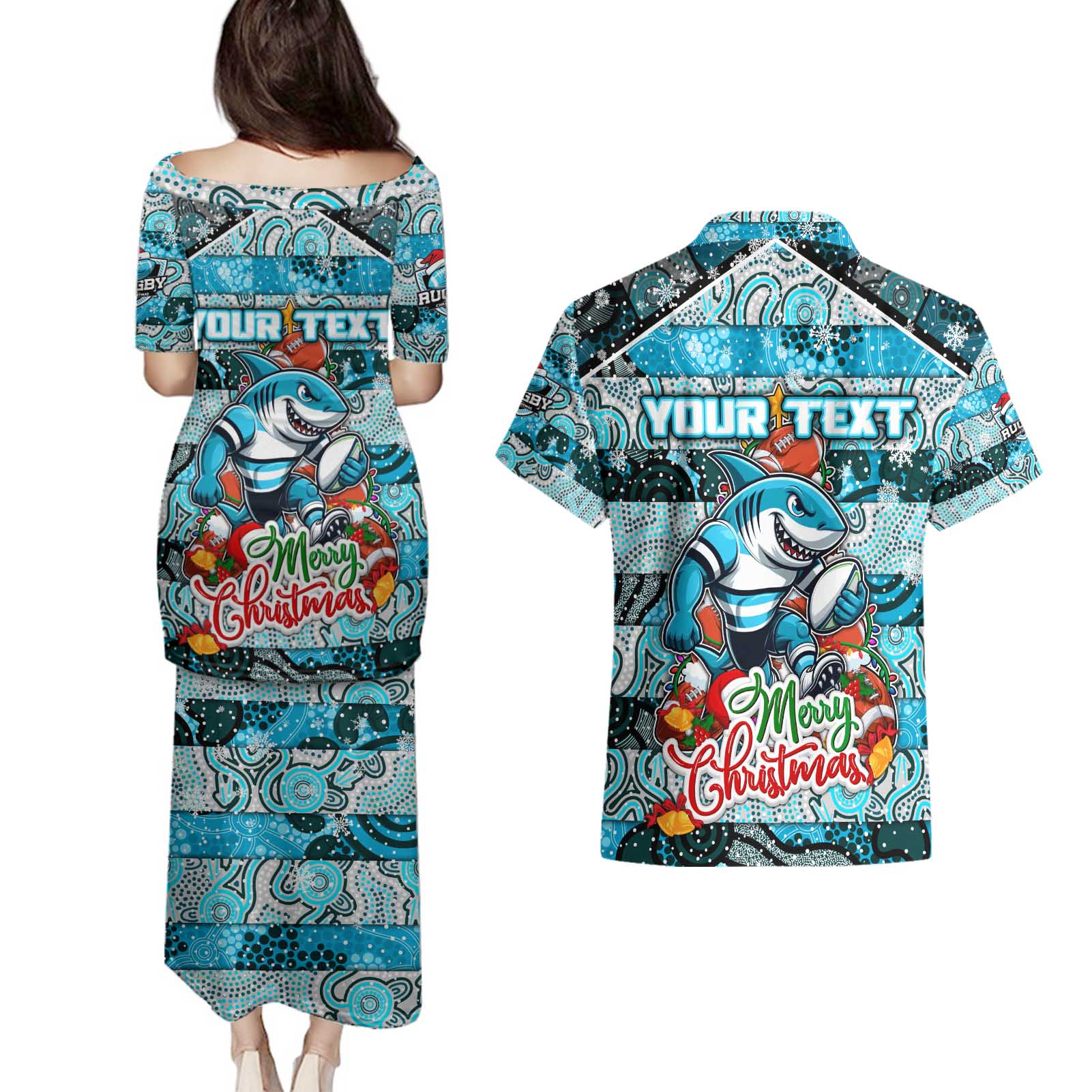 Custom Sharks Rugby Merry Christmas Couples Matching Puletasi and Hawaiian Shirt Indigenous Australian Art