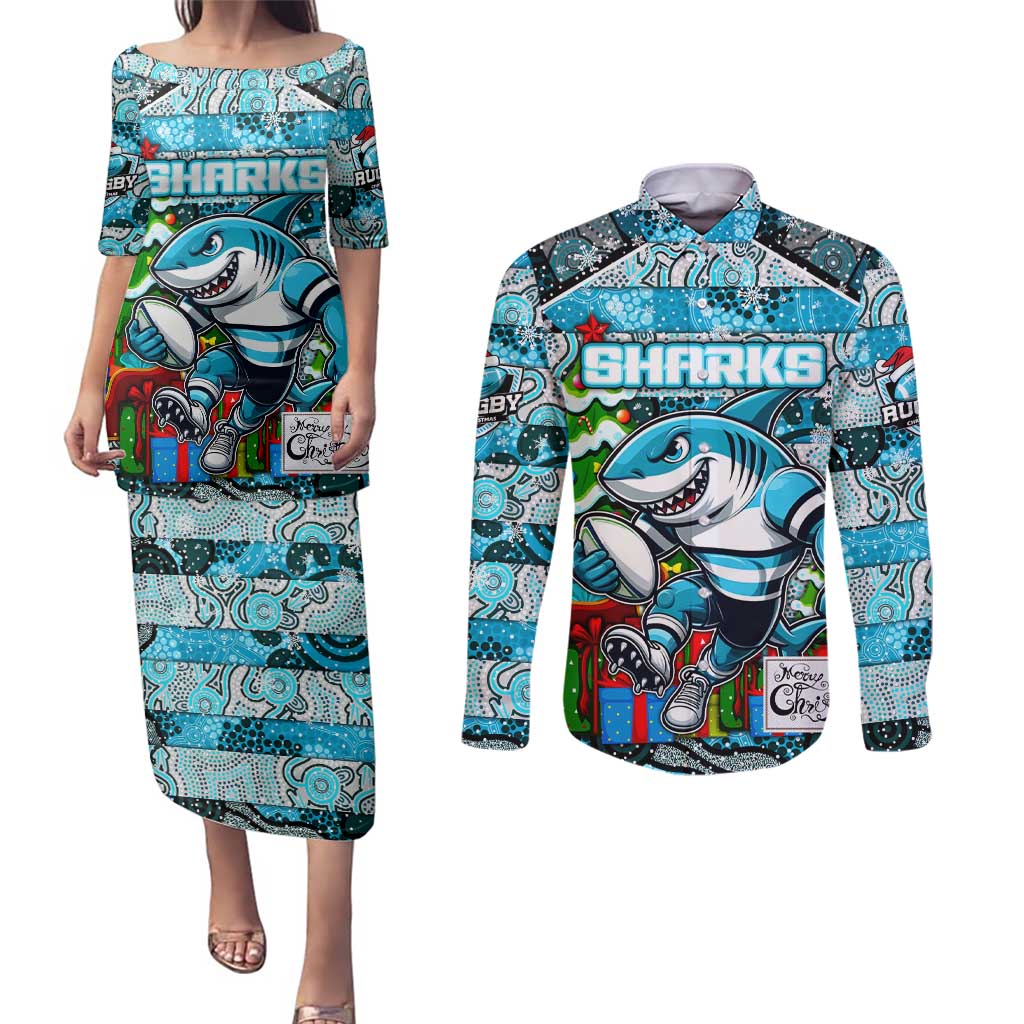 Custom Sharks Rugby Merry Christmas Couples Matching Puletasi and Long Sleeve Button Shirt Indigenous Australian Art