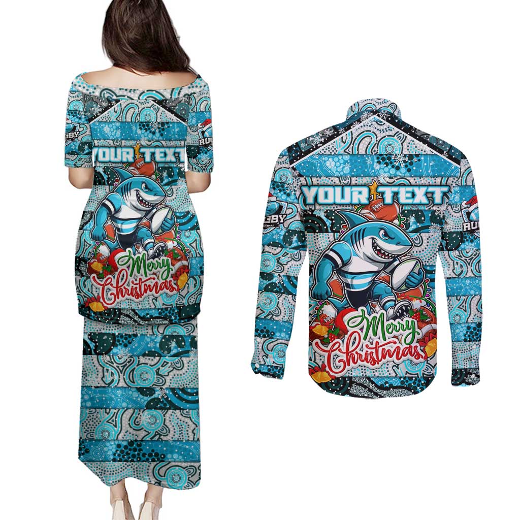 Custom Sharks Rugby Merry Christmas Couples Matching Puletasi and Long Sleeve Button Shirt Indigenous Australian Art