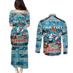 Custom Sharks Rugby Merry Christmas Couples Matching Puletasi and Long Sleeve Button Shirt Indigenous Australian Art