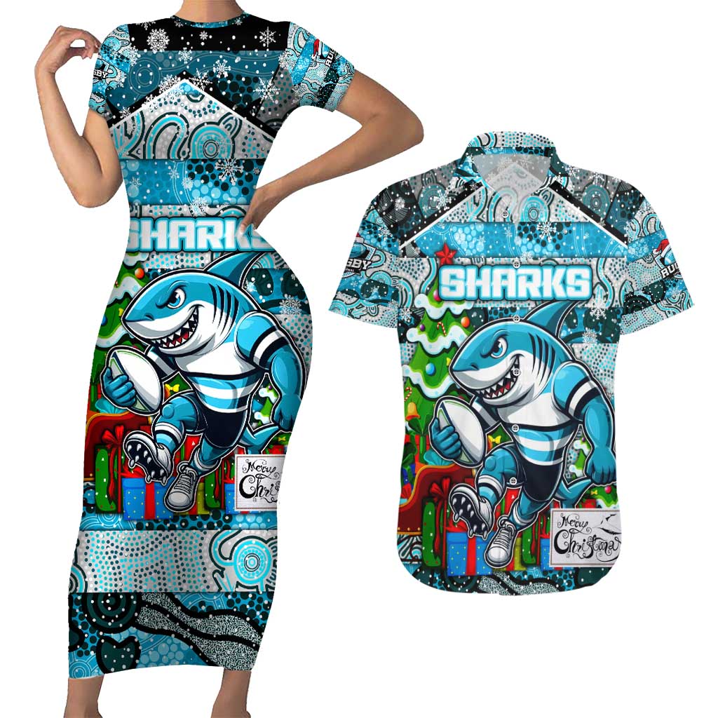 Custom Sharks Rugby Merry Christmas Couples Matching Short Sleeve Bodycon Dress and Hawaiian Shirt Indigenous Australian Art