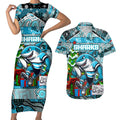 Custom Sharks Rugby Merry Christmas Couples Matching Short Sleeve Bodycon Dress and Hawaiian Shirt Indigenous Australian Art