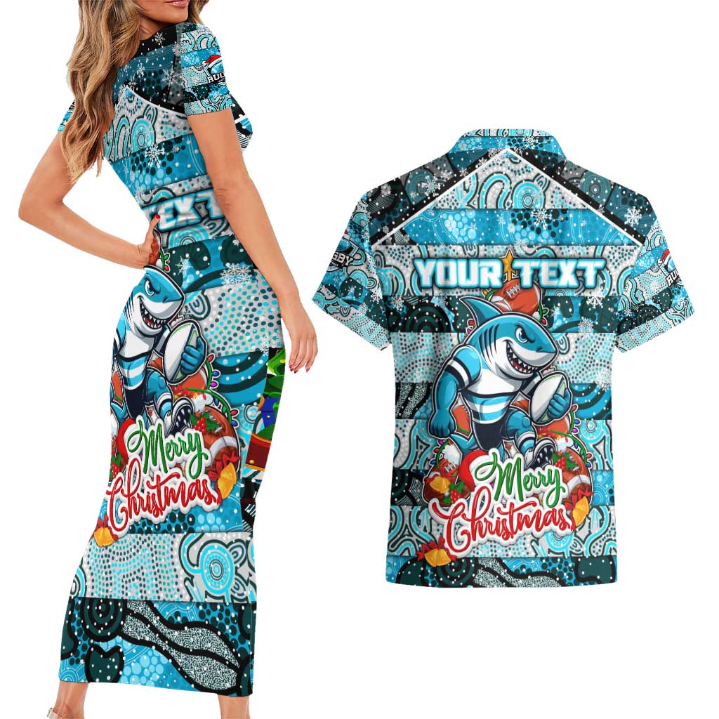 Custom Sharks Rugby Merry Christmas Couples Matching Short Sleeve Bodycon Dress and Hawaiian Shirt Indigenous Australian Art