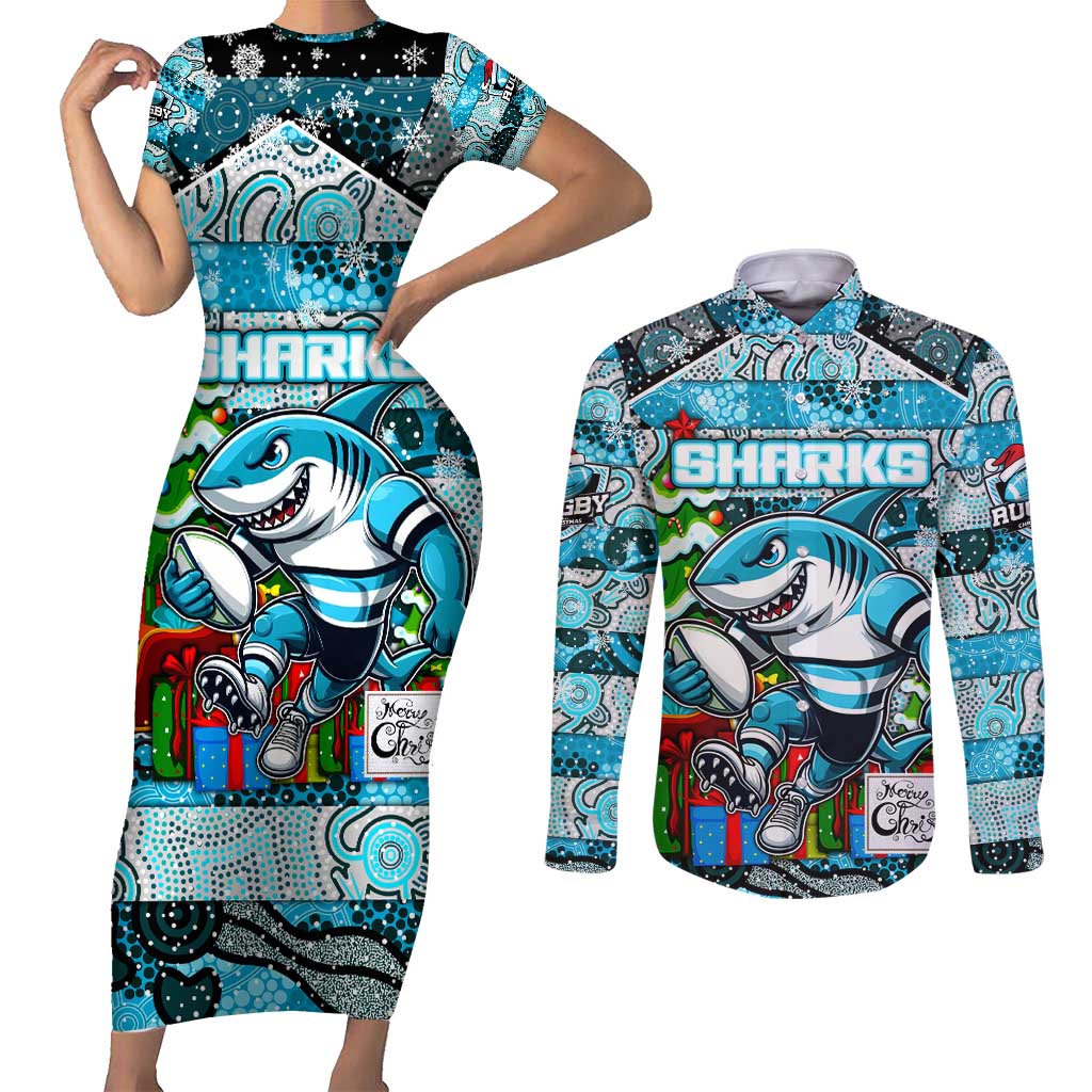 Custom Sharks Rugby Merry Christmas Couples Matching Short Sleeve Bodycon Dress and Long Sleeve Button Shirt Indigenous Australian Art