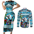 Custom Sharks Rugby Merry Christmas Couples Matching Short Sleeve Bodycon Dress and Long Sleeve Button Shirt Indigenous Australian Art