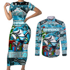Custom Sharks Rugby Merry Christmas Couples Matching Short Sleeve Bodycon Dress and Long Sleeve Button Shirt Indigenous Australian Art