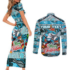 Custom Sharks Rugby Merry Christmas Couples Matching Short Sleeve Bodycon Dress and Long Sleeve Button Shirt Indigenous Australian Art