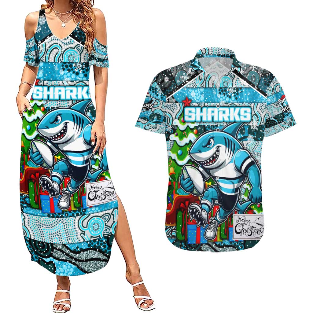 Custom Sharks Rugby Merry Christmas Couples Matching Summer Maxi Dress and Hawaiian Shirt Indigenous Australian Art