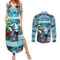 Custom Sharks Rugby Merry Christmas Couples Matching Summer Maxi Dress and Long Sleeve Button Shirt Indigenous Australian Art
