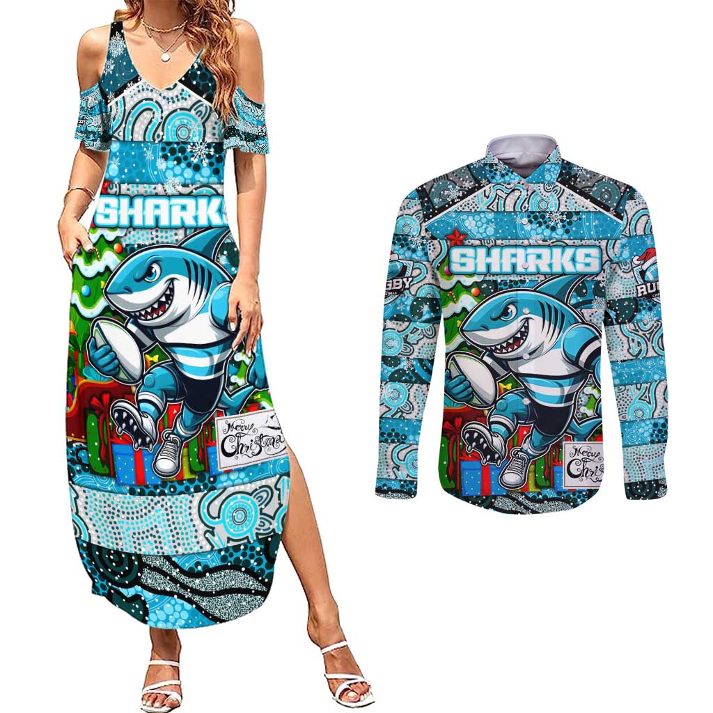 Custom Sharks Rugby Merry Christmas Couples Matching Summer Maxi Dress and Long Sleeve Button Shirt Indigenous Australian Art