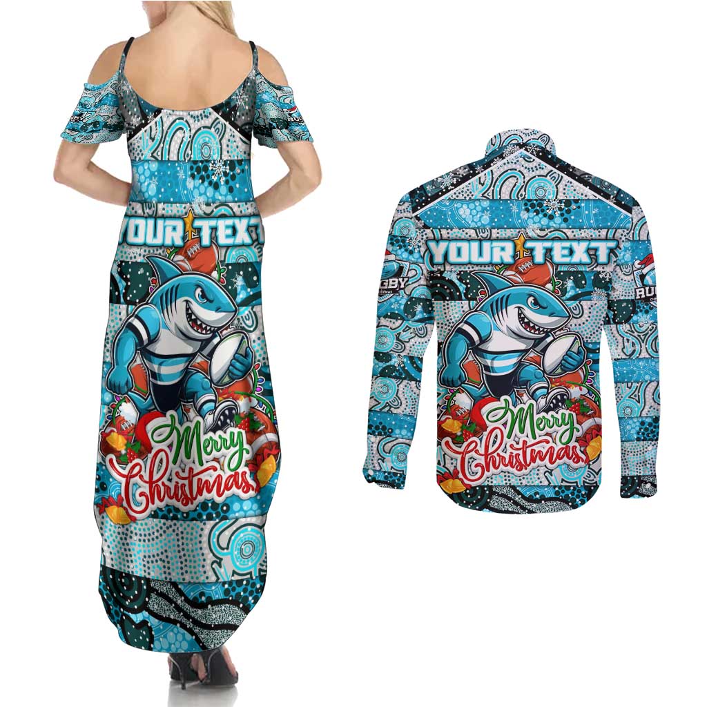 Custom Sharks Rugby Merry Christmas Couples Matching Summer Maxi Dress and Long Sleeve Button Shirt Indigenous Australian Art