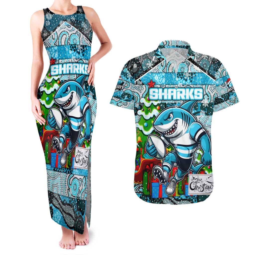 Custom Sharks Rugby Merry Christmas Couples Matching Tank Maxi Dress and Hawaiian Shirt Indigenous Australian Art
