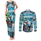 Custom Sharks Rugby Merry Christmas Couples Matching Tank Maxi Dress and Long Sleeve Button Shirt Indigenous Australian Art