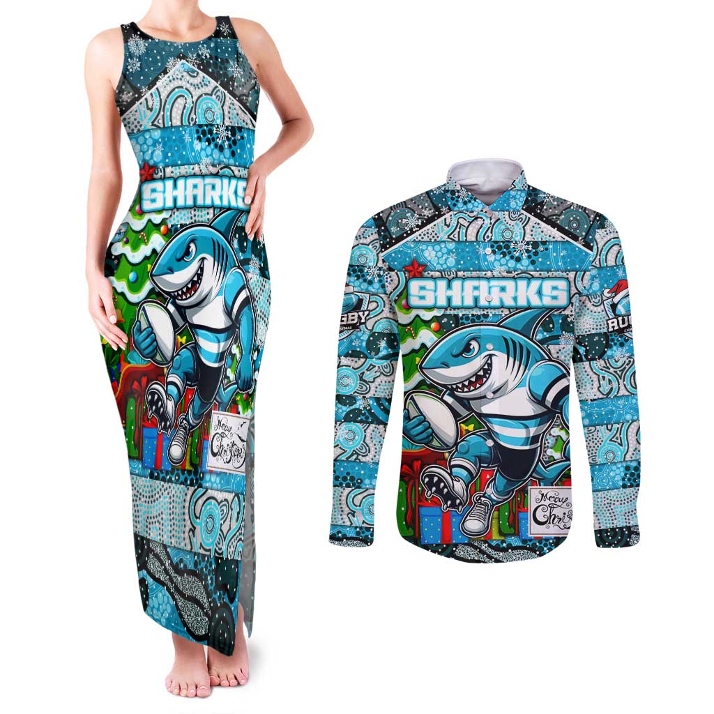 Custom Sharks Rugby Merry Christmas Couples Matching Tank Maxi Dress and Long Sleeve Button Shirt Indigenous Australian Art