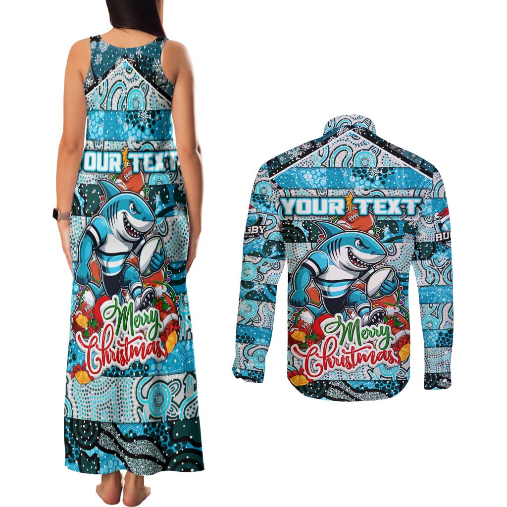 Custom Sharks Rugby Merry Christmas Couples Matching Tank Maxi Dress and Long Sleeve Button Shirt Indigenous Australian Art