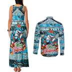 Custom Sharks Rugby Merry Christmas Couples Matching Tank Maxi Dress and Long Sleeve Button Shirt Indigenous Australian Art