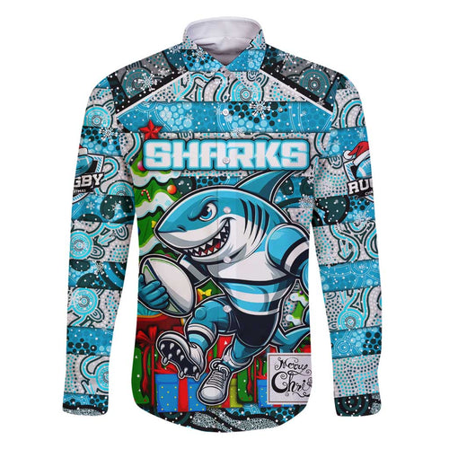 Custom Sharks Rugby Merry Christmas Family Matching Long Sleeve Bodycon Dress and Hawaiian Shirt Indigenous Australian Art